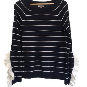 Chelsea28 Navy Striped Sweater with Ruffle Sleeve Detail